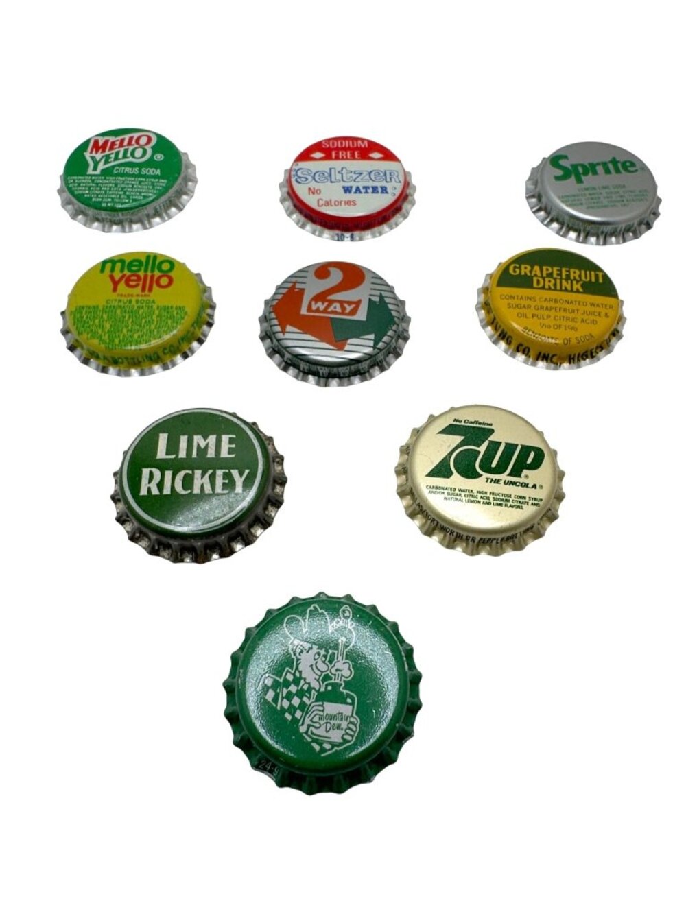Vtg Soda Bottle Caps Lot Of 9 Retro Designs Mello Yello 7Up Sprite Mountain Dew